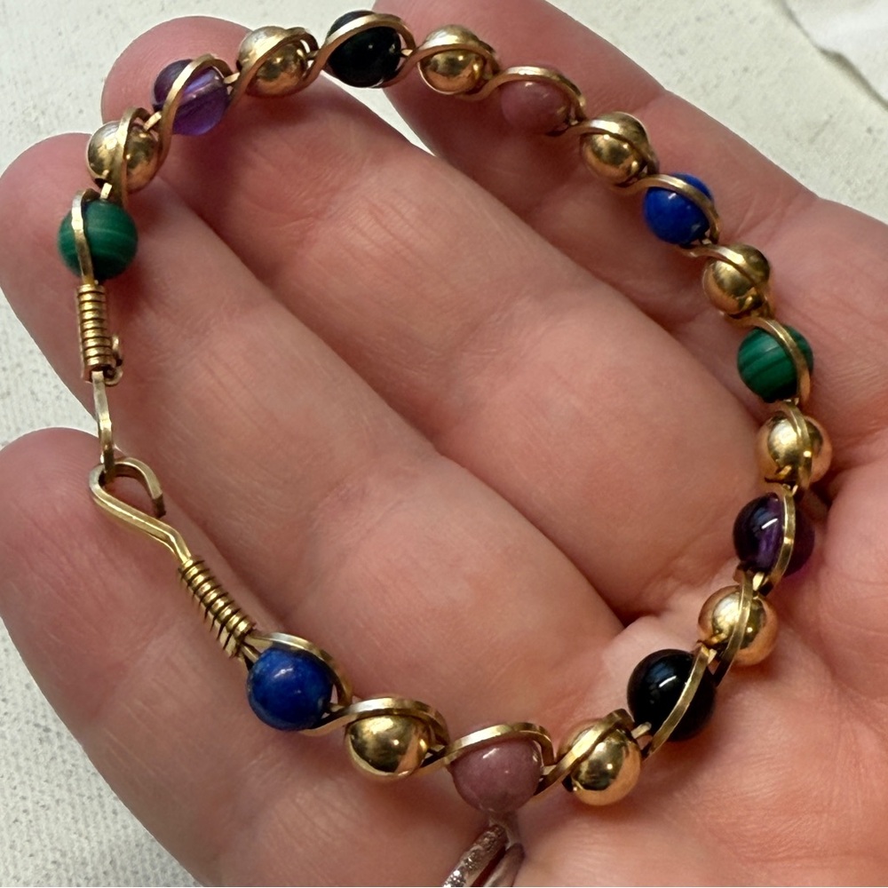 Multi Gemstone GOLD FILLED WIRE WRAPPED BANGLE BRACELET Malachite Onyx Rhodonite - Picture 5 of 6